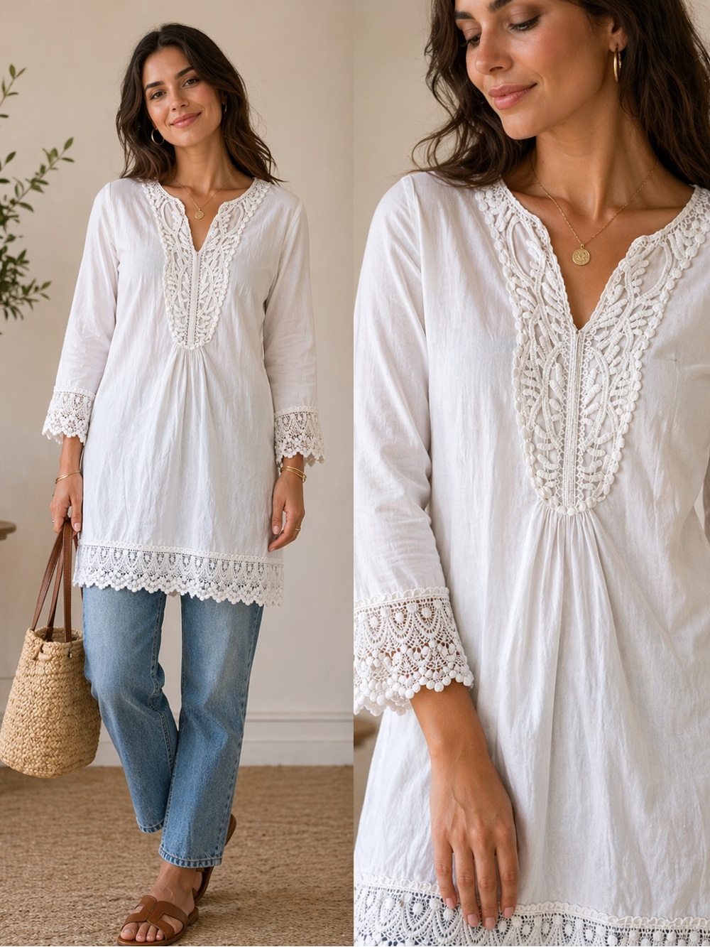 krazy kat White Lace-Trim Tunic